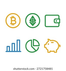 Conjunto de iconos de criptomonedas y finanzas digitales con Bitcoin, Ethereum, billetera digital, gráficos de crecimiento y hucha