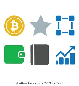 Conjunto de iconos de criptomonedas y finanzas digitales con gráficos de crecimiento financiero, Bitcoin, Ethereum, Blockchain y billetera digital