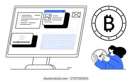 Cryptocurrency, digital finance, online learning, blockchain technology, user experience, digital assets. A computer screen with digital content, Bitcoin logo and user interaction. Cryptocurrency