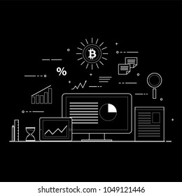 Crypto-currency digital marketing. Business and Finance. Bitcoin trading. Digital technologies. Charts and reports. Black and white flat icons