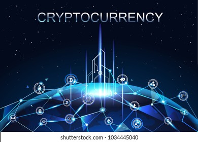 Cryptocurrency and digital money technology concept vector background. blockchain, bitcoin, node, networking above the planet Earth with flare light.