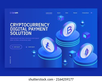 Cryptocurrency Digital Payment Solution Isometric Vector Image On Blue Background. Different Currencies Symbols. Blockchain Advantages. Web Banner With Copy Space For Text. 3d Components Composition