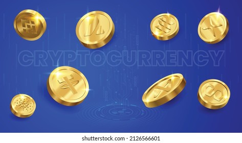 Cryptocurrency digital payment technology based on blockchain vector background with Tether USDT, Solana SOL, XRP, Avalanche AVAX, Binance Coin BNB, Cardano ADA, Near Protocol and Polygon MATIC logos  svg