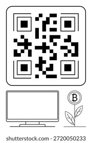 Criptomonedas, pagos digitales, blockchain, tecnología financiera, transacciones comerciales, inversión. Código QR, icono de la planta de Bitcoin y pantalla de la computadora. Pagos digitales y concepto de criptomoneda