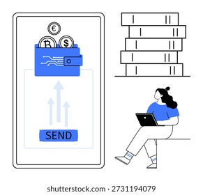 Criptomonedas, pagos digitales, tecnología blockchain, transacciones en línea, billeteras electrónicas, trabajo remoto. Una billetera móvil que envía criptomonedas y una persona con una computadora portátil. Criptomoneda y digital