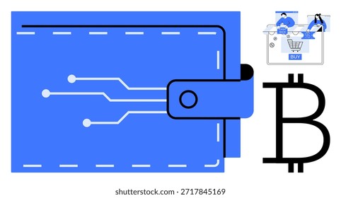 Criptomonedas, pagos digitales, transacciones en línea, tecnología financiera, comercio electrónico, seguridad blockchain. Una billetera con líneas circulares, símbolo de Bitcoin y Elementos de compras en línea. Criptomoneda