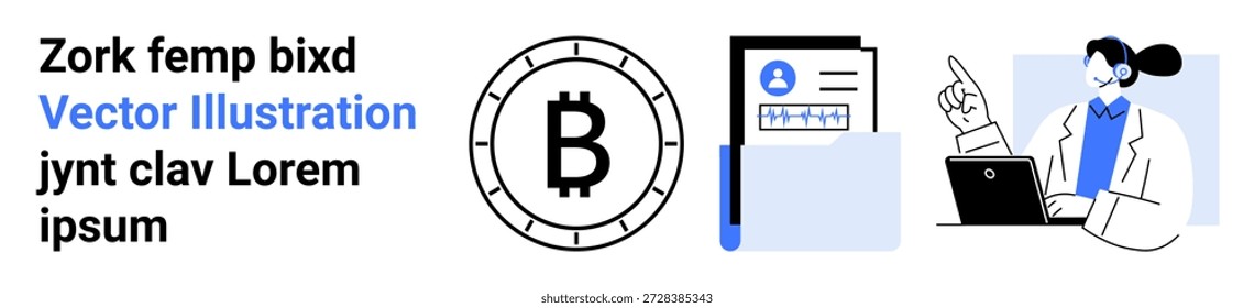 Criptomoeda, segurança digital, verificação de identidade, aprendizagem online, consulta remota, blockchain. Símbolo Bitcoin, pessoa do documento de ID com um laptop. Criptomoeda e segurança digital