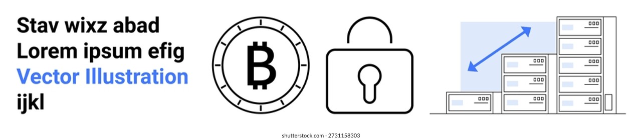 Criptomoeda, segurança digital, transações online, crescimento financeiro, blockchain, privacidade de dados. Símbolo Bitcoin, gráfico de barras de ícones de cadeado. Criptomoeda e conceito de segurança digital