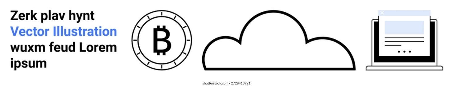 Criptomonedas, almacenamiento digital, tecnología en la nube, blockchain, innovación financiera y gestión de datos digitales. Símbolo de Bitcoin, contorno de la nube y pantalla de la computadora. Criptomoneda y digital
