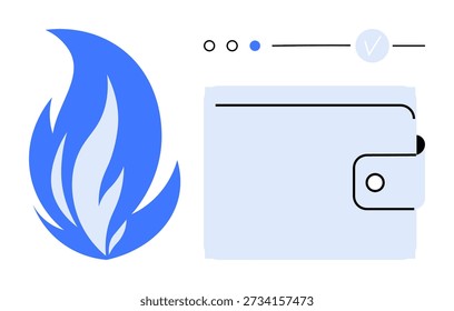 Cryptocurrency, digital transactions, financial security, blockchain, asset storage, payment systems. A blue flame next to a wallet icon with interface details. Cryptocurrency and financial security