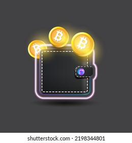 Cryptocurrency Digital Wallet Concept Illustration With Wallet Isolated On Grey Background. Crypto Wallet Label, Icon, Mobile App Icon, Button, Social Media Post, Banner And Poster Design Template. 