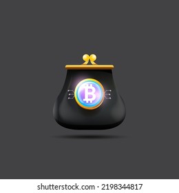 Cryptocurrency Digital Wallet Concept Illustration With Wallet Isolated On Grey Background. Crypto Wallet Label, Icon, Mobile App Icon, Button, Social Media Post, Banner And Poster Design Template. 