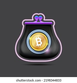 Cryptocurrency Digital Wallet Concept Illustration With Wallet Isolated On Grey Background. Crypto Wallet Label, Icon, Mobile App Icon, Button, Social Media Post, Banner And Poster Design Template. 