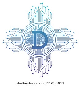 cryptocurrency dogecoin coin with circuit lines