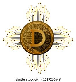 cryptocurrency dogecoin coin with circuit lines