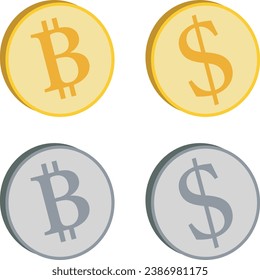 Cryptocurrency. Dollar and bitcoin coins. Gold and silver colors. Money icon in gold and silver colors. Vector illustration.