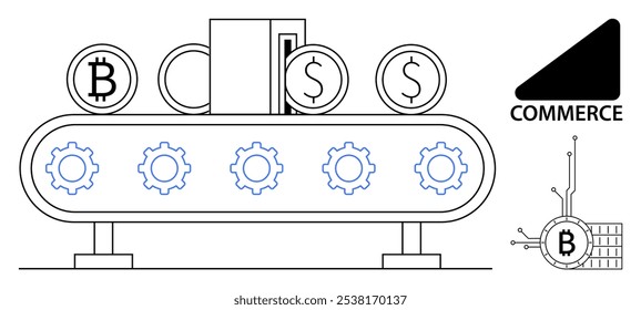 Conversión de criptomonedas y dólares en una cinta transportadora con engranajes y etiqueta comercial. Ideal para finanzas, tecnología, automatización, criptomonedas, temas de comercio digital. Estilo de arte de línea simple