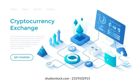 Cryptocurrency to dollars exchange platform. Cryptocurrency Exchange and blockchain. Money market, finance trading, analytics. Isometric vector