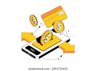 Cryptocurrency dolor transfer in isometric style. Online payment with card. Money to card. Vector