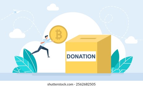 Cryptocurrency donation.Man holding cryptocurrency coins Bitcoin dropping them into a box marked Donation. Blockchain, cryptocurrency, investment, ICO, and fintech themes. Vector illustration 