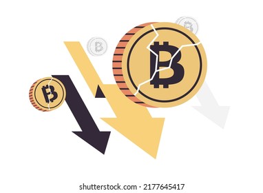 Cryptocurrency flecha hacia abajo e ilustración vectorial plana de la moneda.
