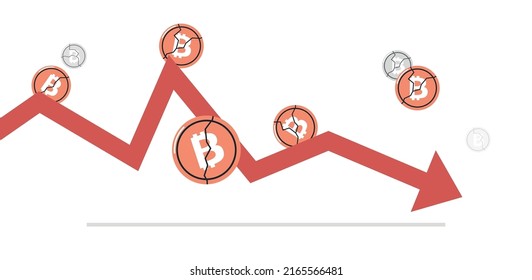 Cryptocurrency flecha abajo y caída del precio de bitcoin colapso cripto pérdida riesgo de inversión de crisis plana de vector ilustración.

