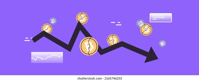 Cryptocurrency downward arrow and falling crash bitcoin price collapse crypto loss investment risk crisis flat vector illustration.