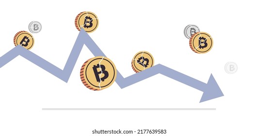 Cryptocurrency downward arrow and falling crash bitcoin price collapse crypto loss investment risk crisis flat vector illustration.
