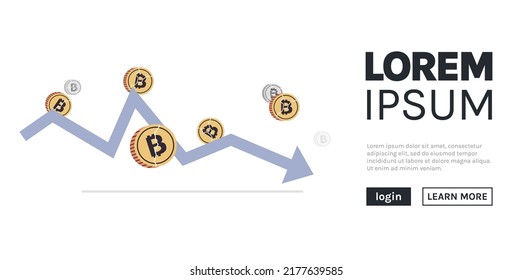 Cryptocurrency downward arrow and falling crash bitcoin price collapse crypto loss investment risk crisis flat vector illustration.
