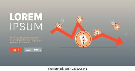 Cryptocurrency downward arrow and falling crash bitcoin price collapse crypto loss investment risk crisis flat vector illustration.
