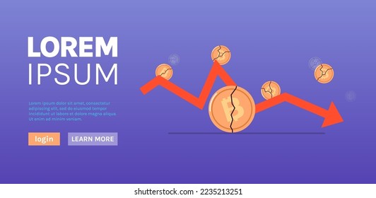 Cryptocurrency downward arrow and falling crash bitcoin price collapse crypto loss investment risk crisis flat vector illustration.