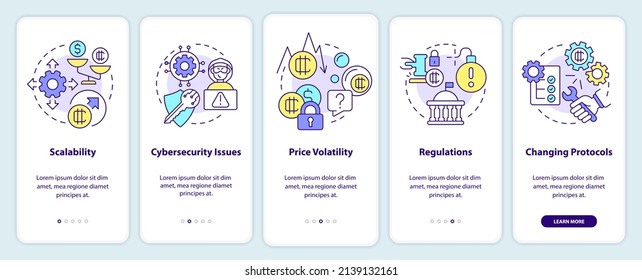 Desventajas de criptodivisa en la pantalla de aplicación móvil. Recorrido de escalabilidad 5 pasos de páginas de instrucciones gráficas con conceptos lineales. UI, UX, plantilla GUI. Multitud de tipos de letra Pro-Bold, con uso regular