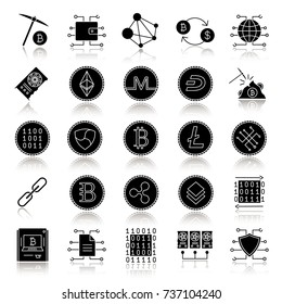 Cryptocurrency drop shadow black glyph icons set. Mining business. E-currency. Isolated vector illustrations
