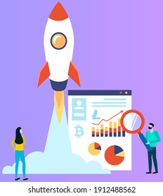 Cryptocurrency earnings. Web banner of blockchain technology, new start up with financial innovation, digital money market with tiny businessmen, bitcoin and litecoin signs, virtual payment system