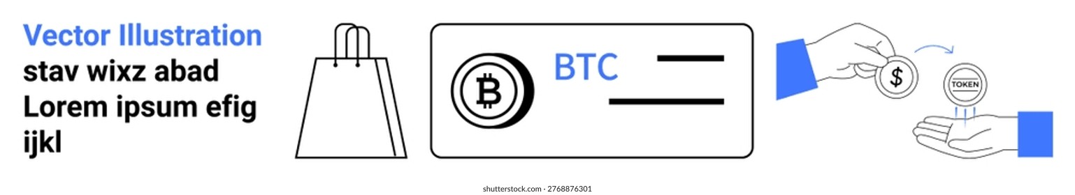 Cryptocurrency, e-commerce, online transactions, digital payments, Bitcoin trading, shopping. Bitcoin logo and shopping bag illustration. Cryptocurrency and e-commerce concept