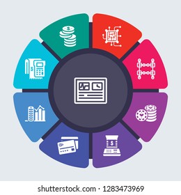 cryptocurrency economy vector template for infographics. Business concept with 9 options, steps, parts, segments. Banner infographic cycling diagram, round chart, crypto hash rate, Coin icons