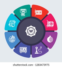 cryptocurrency economy vector template for infographics. Business concept with 9 options, steps, parts, segments. Banner infographic cycling diagram, round chart, Won, Withdraw, Video card icons