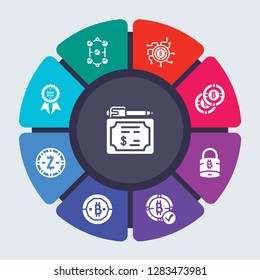cryptocurrency economy vector template for infographics. Business concept with 9 options, steps, parts, segments. Banner infographic cycling diagram, round chart, Bonds, blokchain block icons