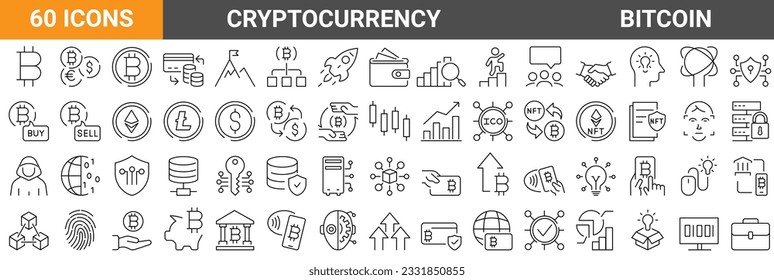 Kryptowährung Wirtschaft Web-Symbole Sammlung. Blockchain-Paket. Bitcoin, NFT, Vektorgrafik. Rahmensymbol. Bearbeitbarer Strich.