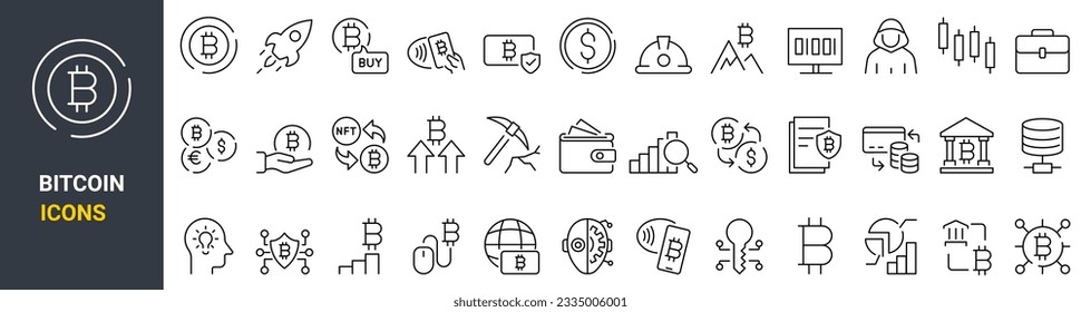 Colección de iconos web de Cryptocurrency economy. Paquete Blockchain. Bitcoin, NFT, ilustración vectorial. Icono de esquema. Trazo editable.