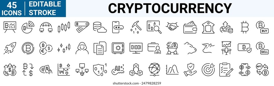 Cryptocurrency economy web icons collection. Blockchain package. Bitcoin, NFT, Vector illustration. Outline icon. Editable stroke.