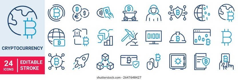 Cryptocurrency economy web icons collection. Blockchain package. Bitcoin, NFT, Vector illustration. Outline icon. Editable stroke.
