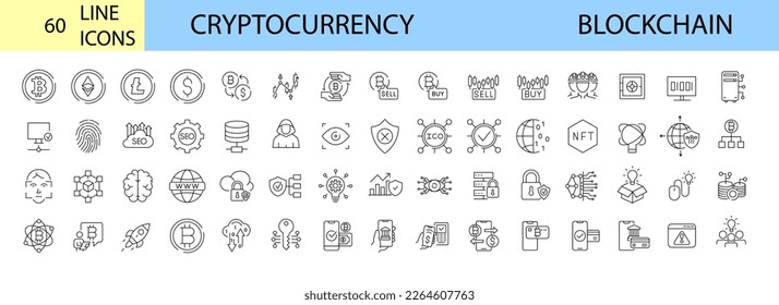 Cryptocurrency economy in web line style collection. Crypto Coin . Blockchain package. Bitcoin, NFT, Vector illustration