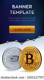 Cryptocurrency editable banner template. Bitcoin. Dash. 3D isometric Physical bit coins. Golden bitcoin and siver Dash coins. Stock vector illustration.