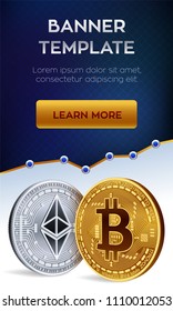 Cryptocurrency editable banner template. Bitcoin. Ethereum. 3D isometric Physical bit coins. Golden bitcoin and siver Ethereum coins. Stock vector illustration.