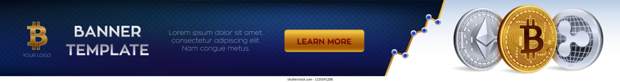 Cryptocurrency editable banner template. Bitcoin, Ethereum, Ripple. 3D isometric Physical coins. Golden bitcoin coin and silver ethereum and ripple coins. Stock vector illustration.