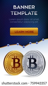 Cryptocurrency editable banner template. Bitcoin. 3D isometric Physical bit coin. Golden and silver bitcoin coins. Stock vector illustration