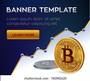Cryptocurrency editable banner template. Bitcoin. 3D isometric Physical bit coin. Golden and silver bitcoin coins. Stock vector illustration