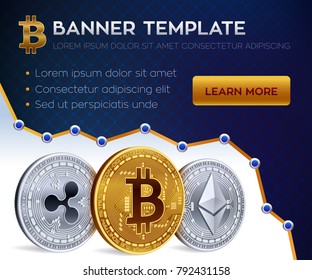 Cryptocurrency editable banner template. Bitcoin, Ethereum, Ripple. 3D isometric Physical coins. Golden bitcoin coin and silver ethereum and ripple coins. Stock vector illustration