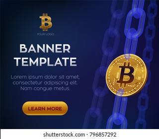 Cryptocurrency editable banner template. Block chain concept. Bitcoin. Golden bitcoin coin with digital block chain. 3D isometric Physical bit coin. Stock vector illustration.